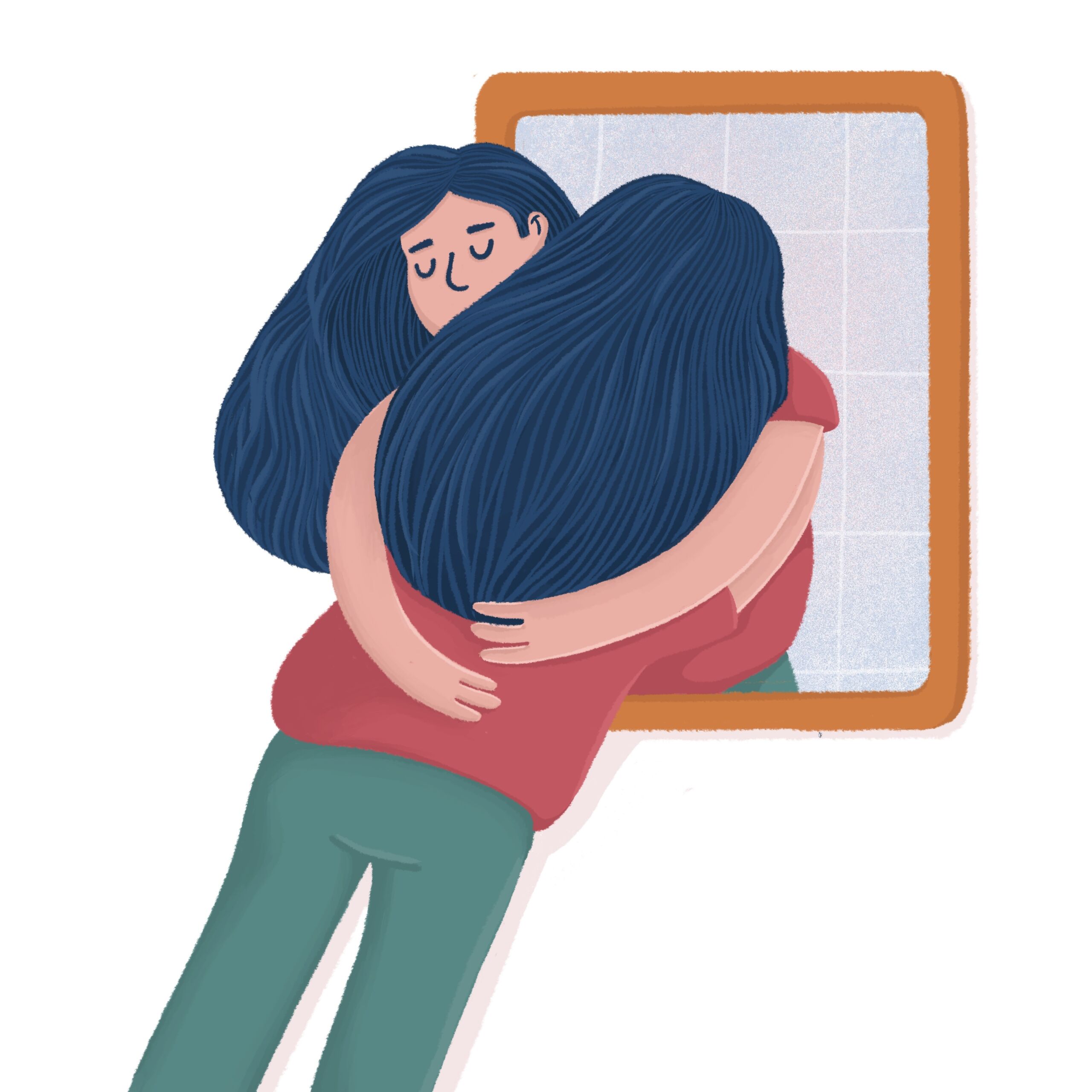 woman hugging her reflection, self acceptance