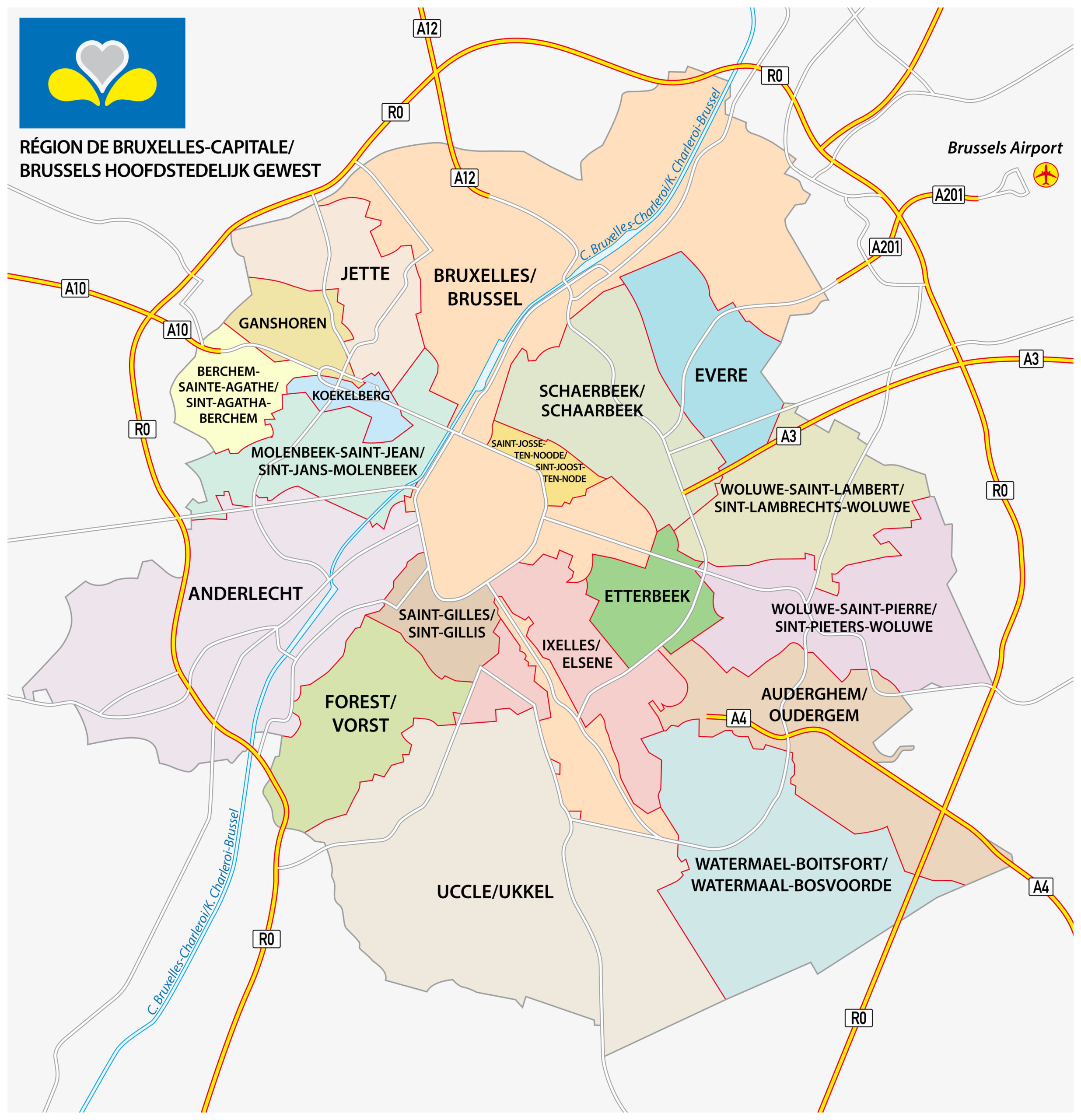 brussel road, administrativeand and political vector map with flag
