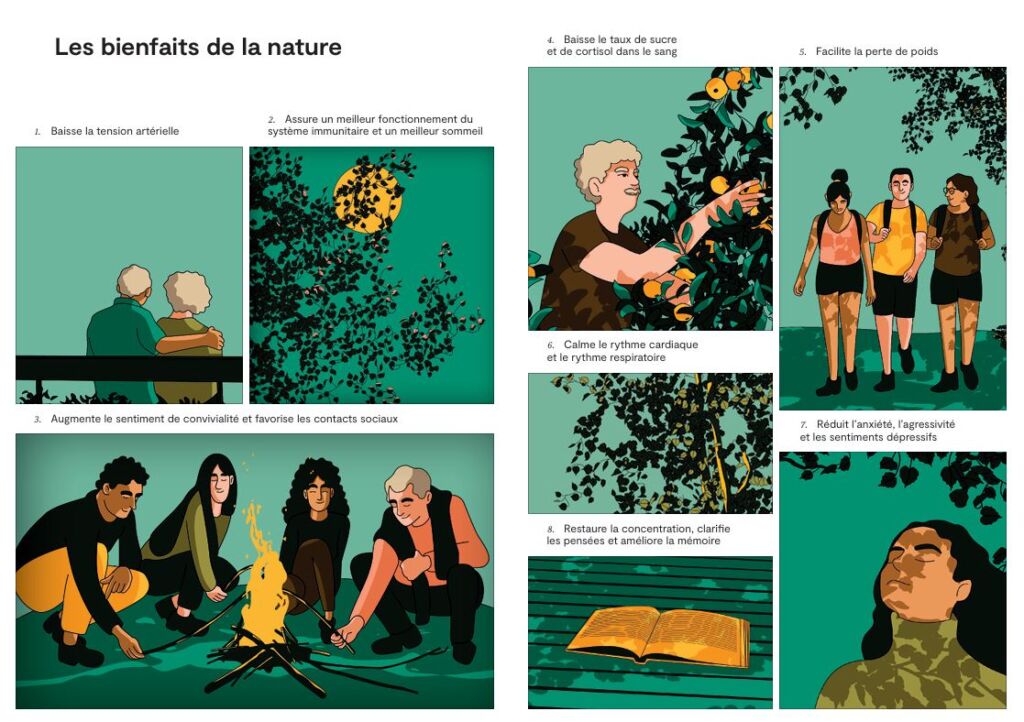 Extraits sur les bienfaits de la nature dans le carnet de prescription verte illustré par Lucyle Massu, illustratrice et graphiste au CISC