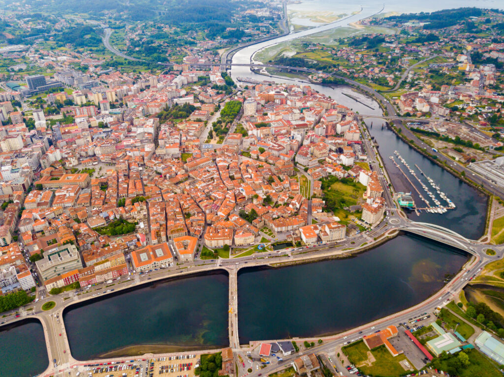 panoramic view from drone on the city center pontevedra with embankment of the river rio lerez. galicia. spain