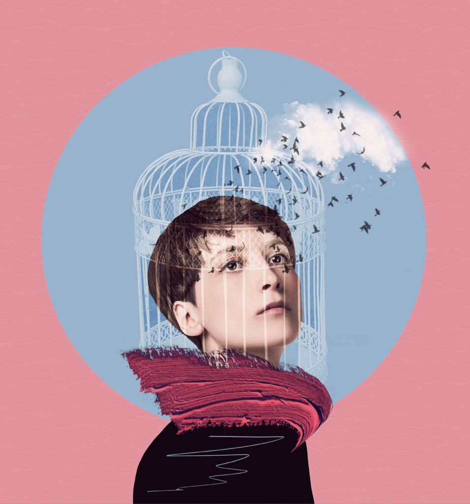 neuroscience bird flying out of the cage on a woman's head in sky background