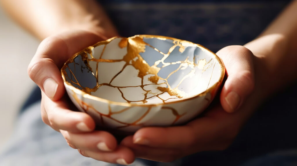 white porcelain bowl with kintsugi method in female hands. antique pottery restored with gold cracks. traditional japanese gold fixing method. wabi sabi concept. sunlights. generative ai