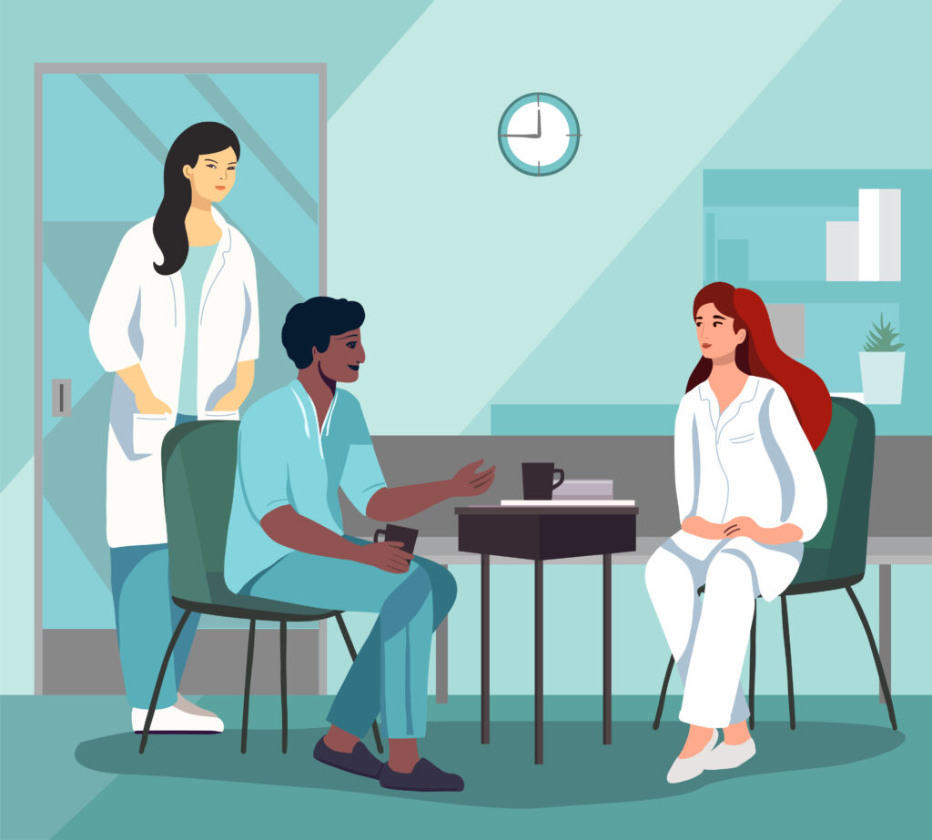 hospital scene with diverse group of health care professionals casually chatting in a break room. medical staff doctors and nurses in rest pause in medical office interior
