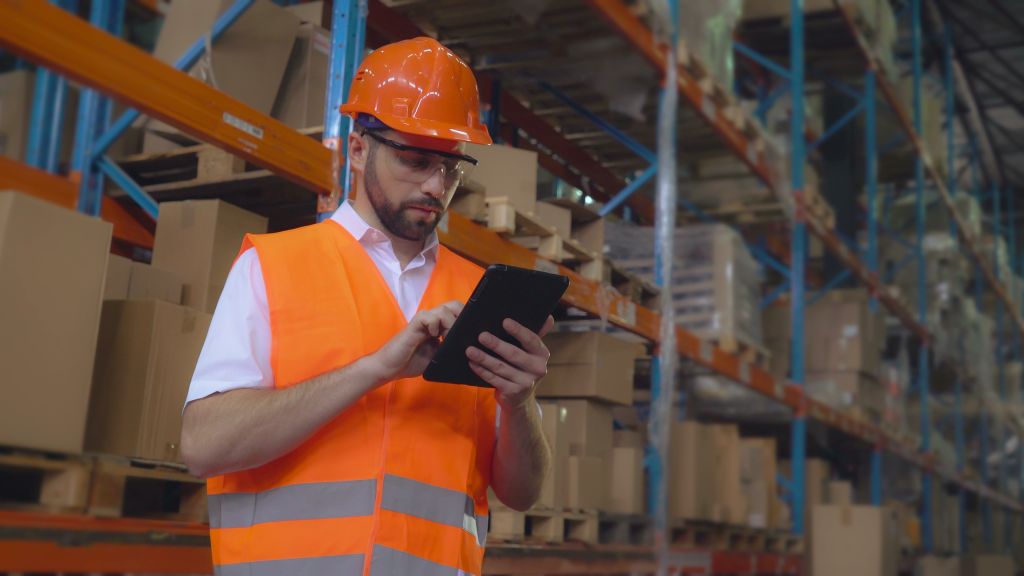employee standing near metal racks with boxes