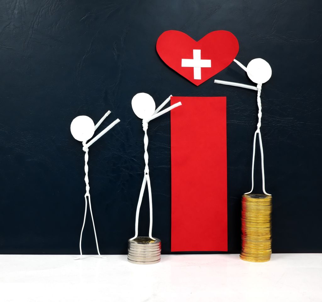 stick figure reaching for a red heart shape with cross cutout while stepping on stack of coins. healthcare, medical care and hospital access inequality concept.